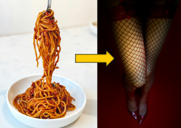 Bowl of spaghetti next to leg in fishnet tights