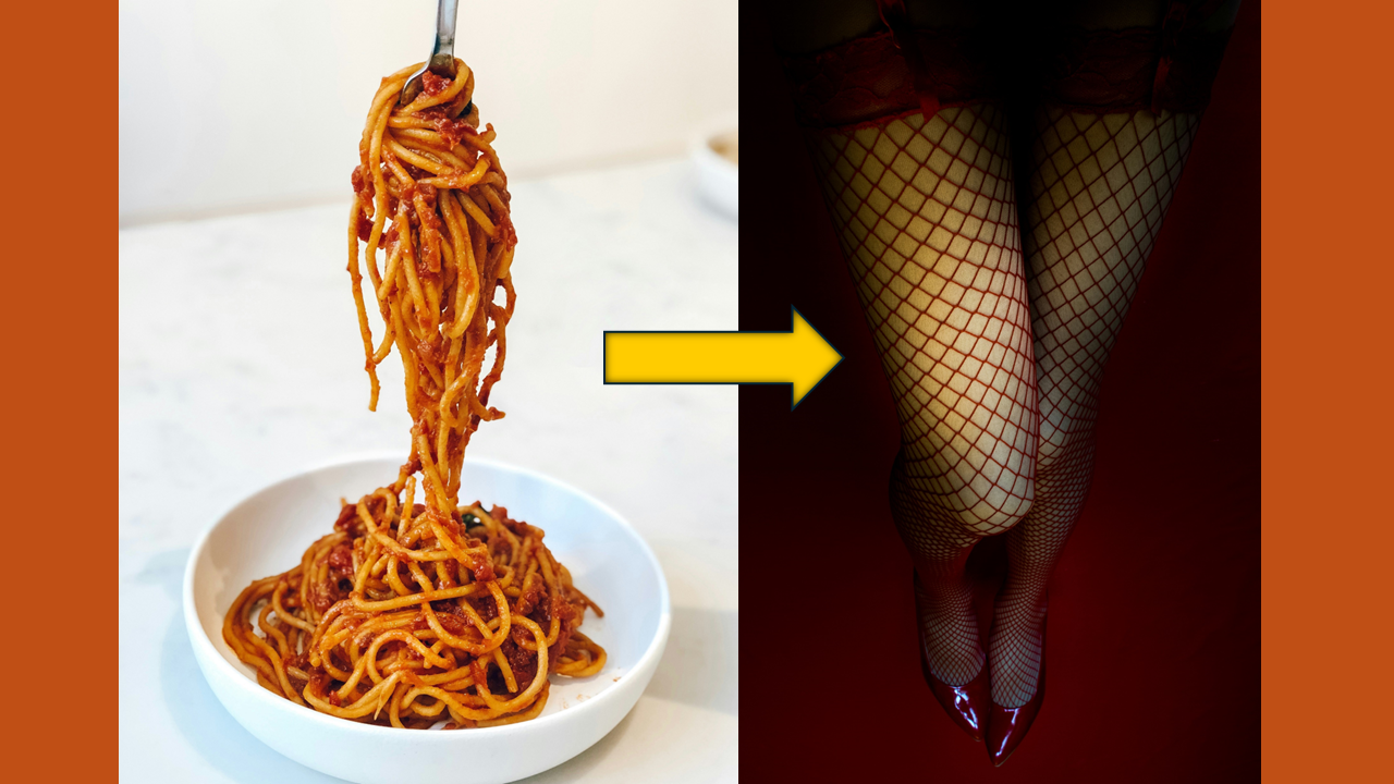 Bowl of spaghetti next to leg in fishnet tights